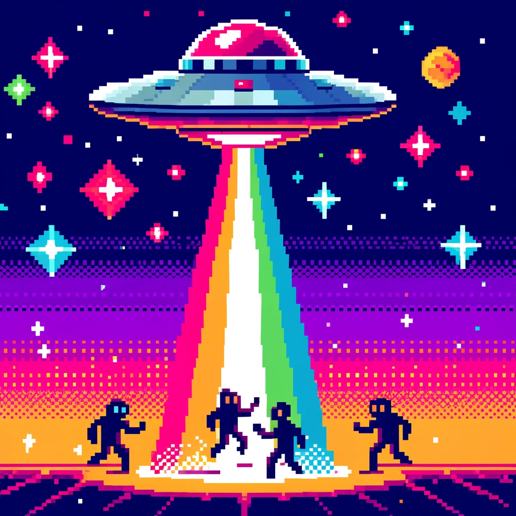 DALL·E 2024-04-05 21.45.26 - A more vibrant and colorful 8-bit video game style illustration, depicting a UFO abducting fewer people. The scene should pop with bright, contrasting